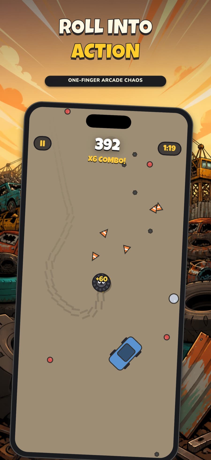 Giant Tire rolling through the junkyard during active gameplay