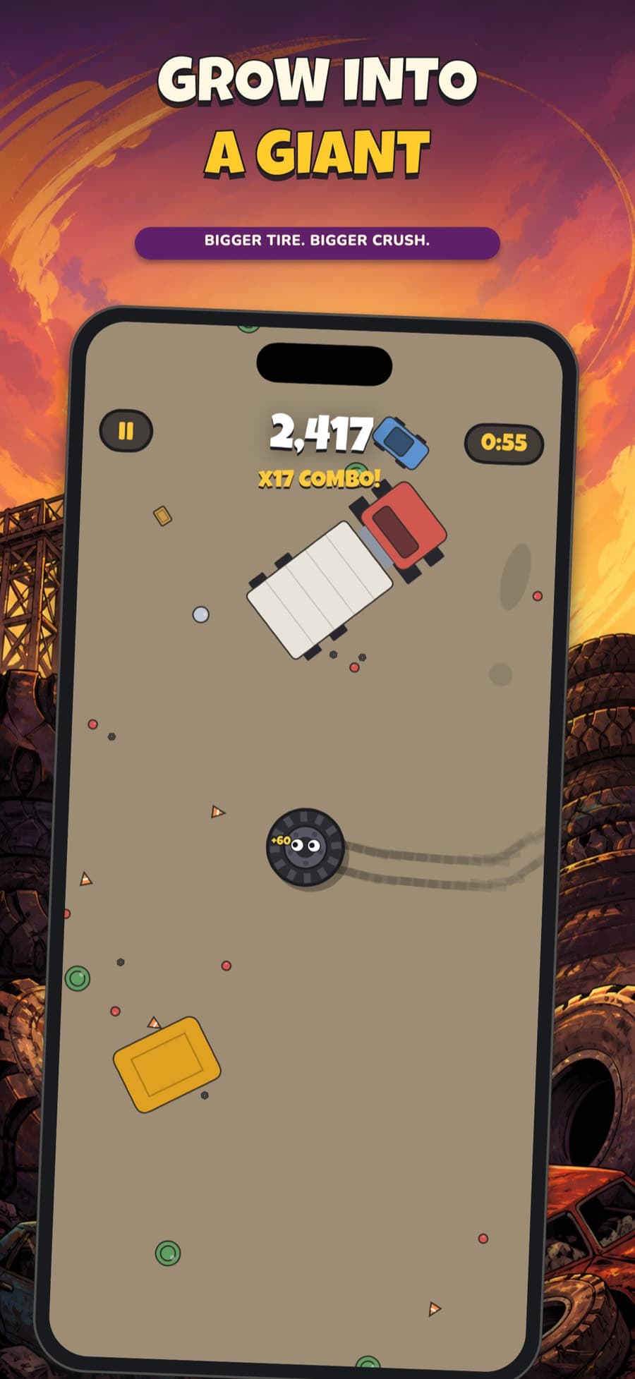 A larger Giant Tire navigating vehicles and junkyard obstacles